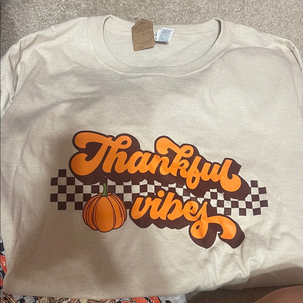 Jerzees Cream and Orange Thankful Vibes Long Sleeve Tee